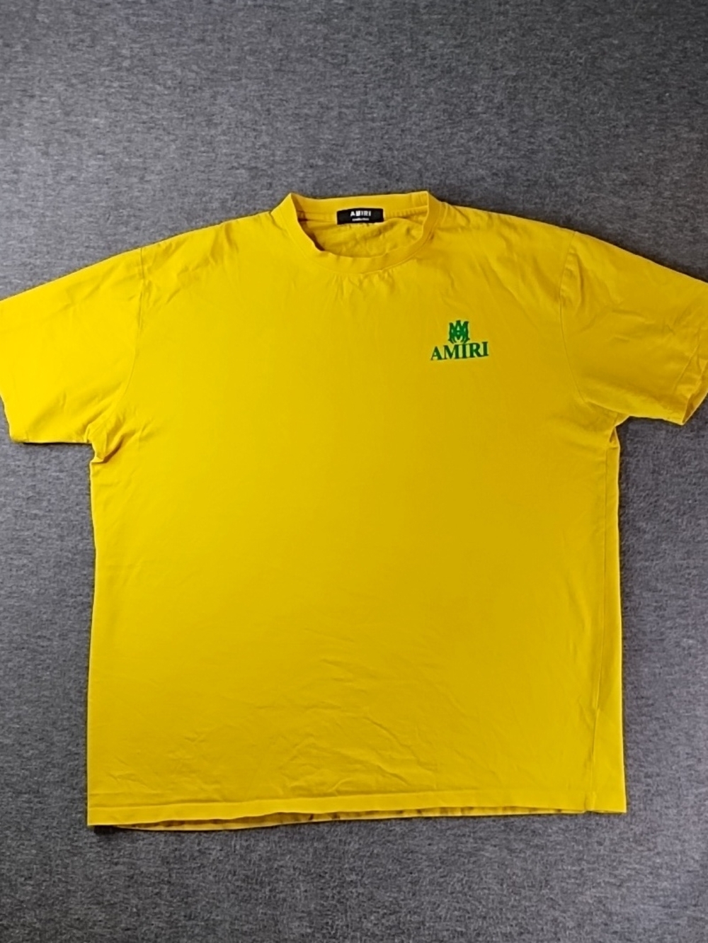 AMIRI Yellow Short Sleeve Logo Tee with Green Chest Emblem